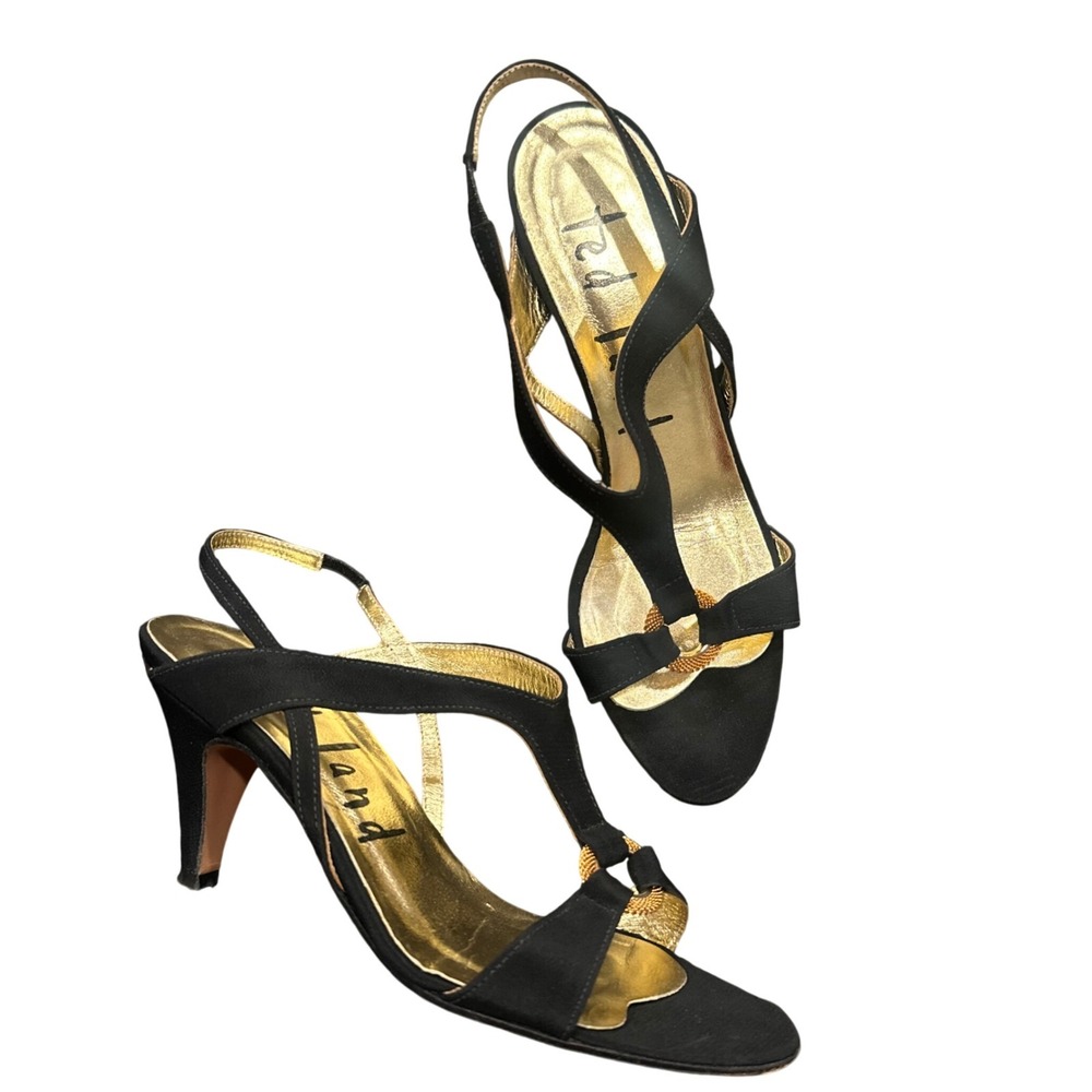 Ted Lapidus Black Suede Slingback Heels Gold Ring Strappy Sandals Womens Size 5M